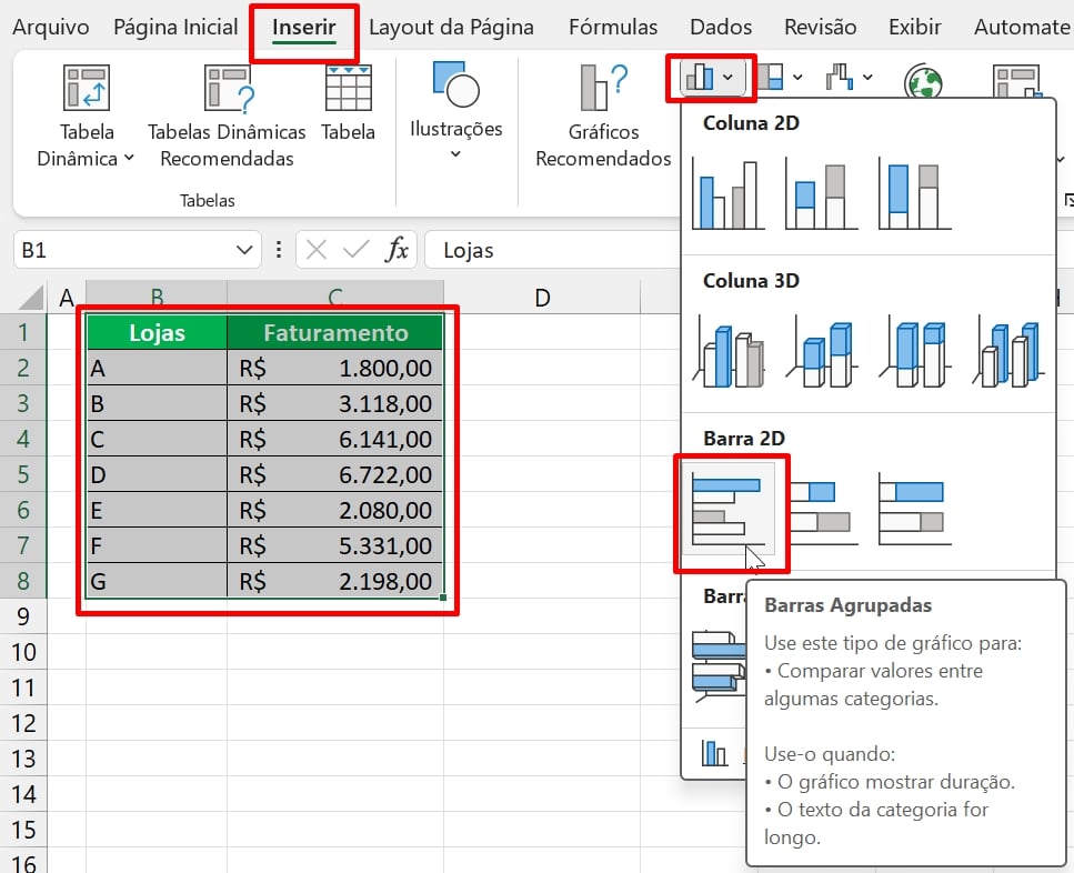 Gráficos de Barras no Excel, criando gráfico