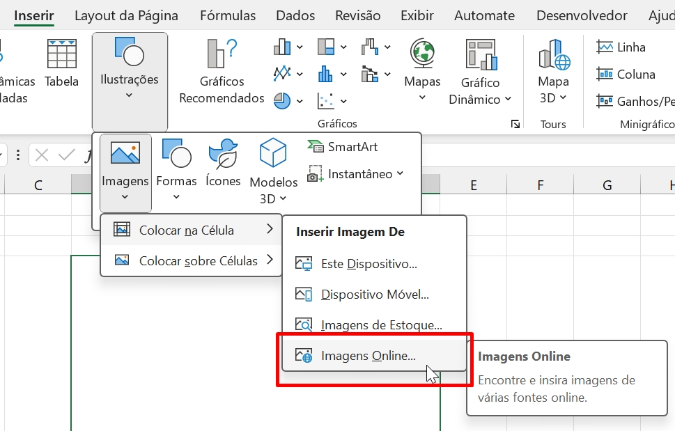 Inserir Imagem no Excel, imagens online
