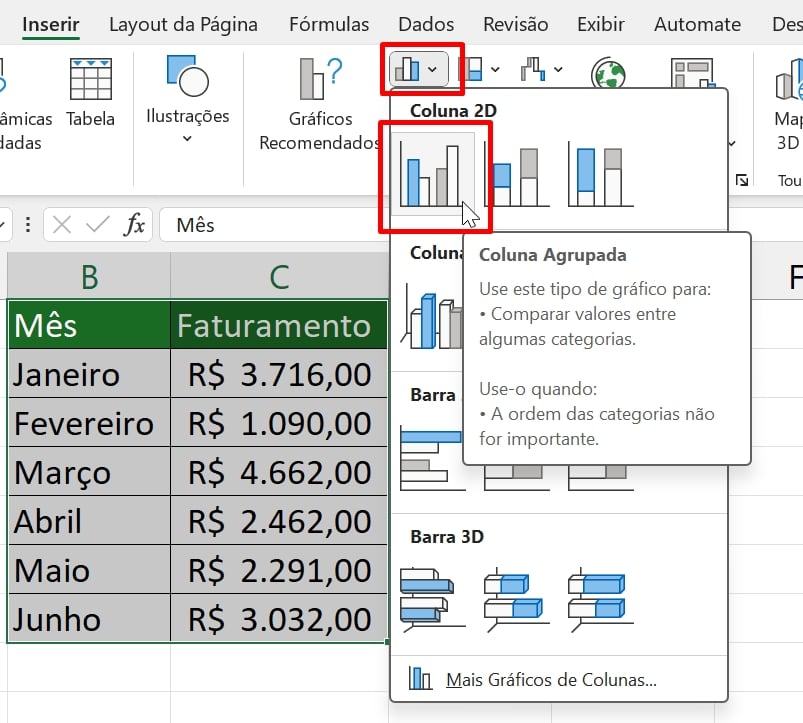 Montar Gráfico no Excel, gráfico de barras