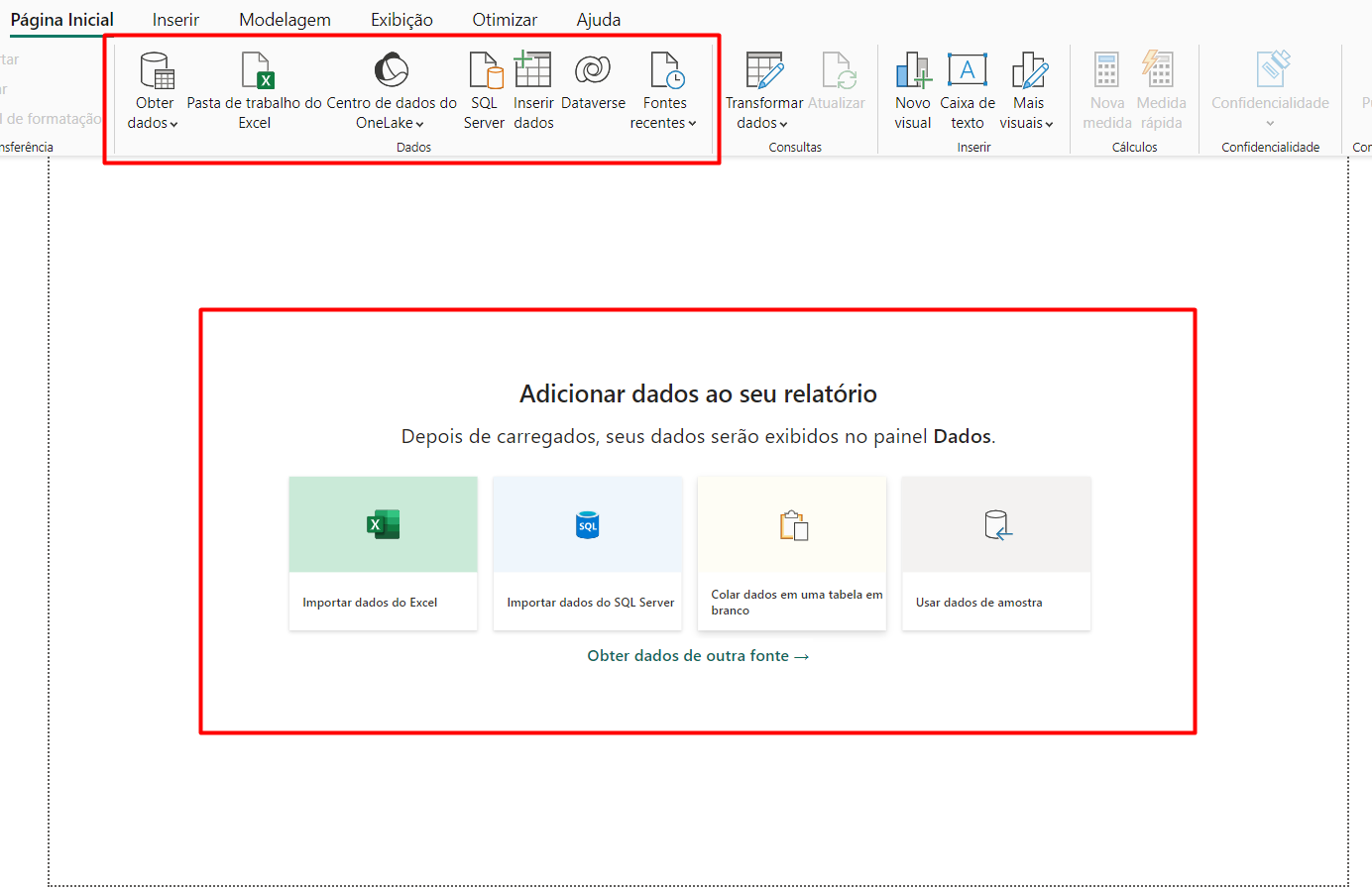 Menu e Opções de Importação do Power BI