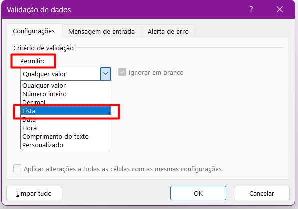 Criando Lista Suspensa no Excel