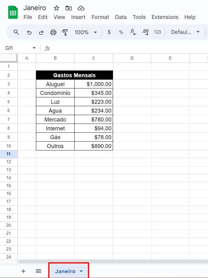 Nomeando a Planilha do Google Sheets com Dados de Gastos Mensais