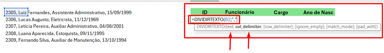 Aplicação da Função DIVIDIRTEXTO no Excel