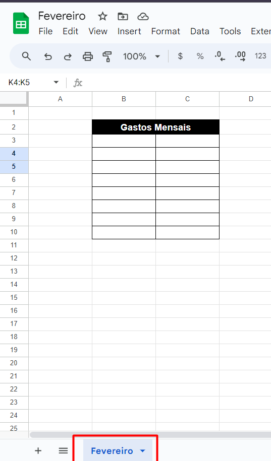 Nomeando a Planilha do Google Sheets com Dados de Gastos Mensais