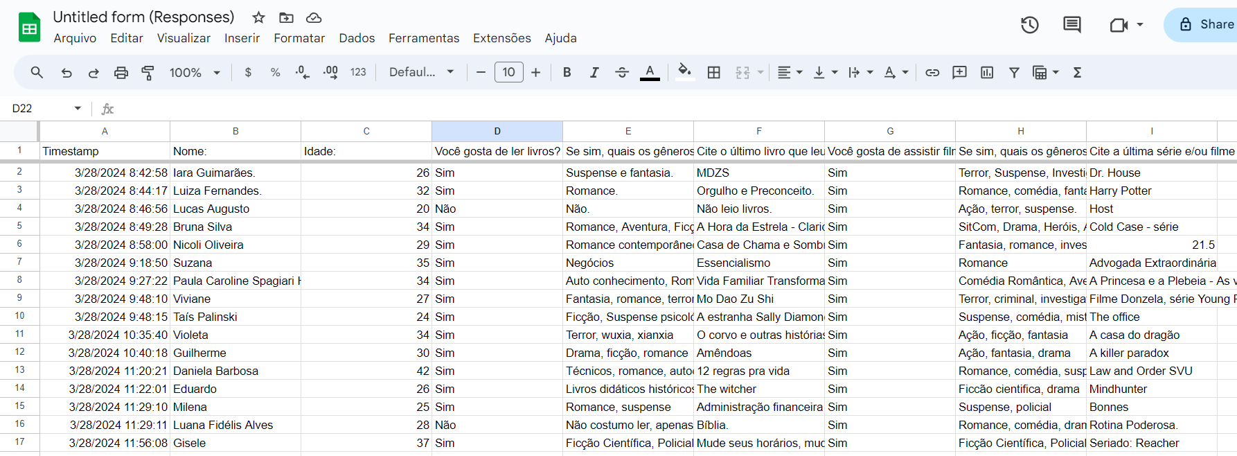 Base de Dados Extraída do Google Forms para o Google Sheets