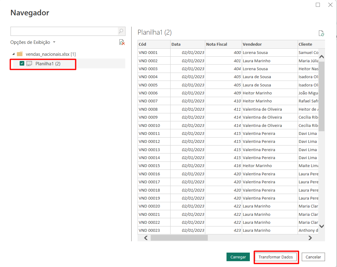 Selecionando a Base de Dados do Excel para Transformar os Dados