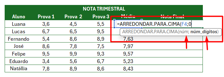 Uso da Função Arredondar para Cima no Excel