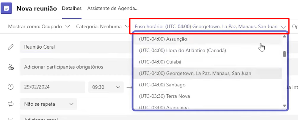 Ajuste de Fuso Horário na Reunião do Teams