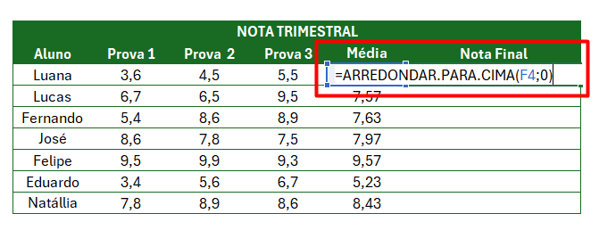 Aplicação da Função Arredondar para Cima no Excel