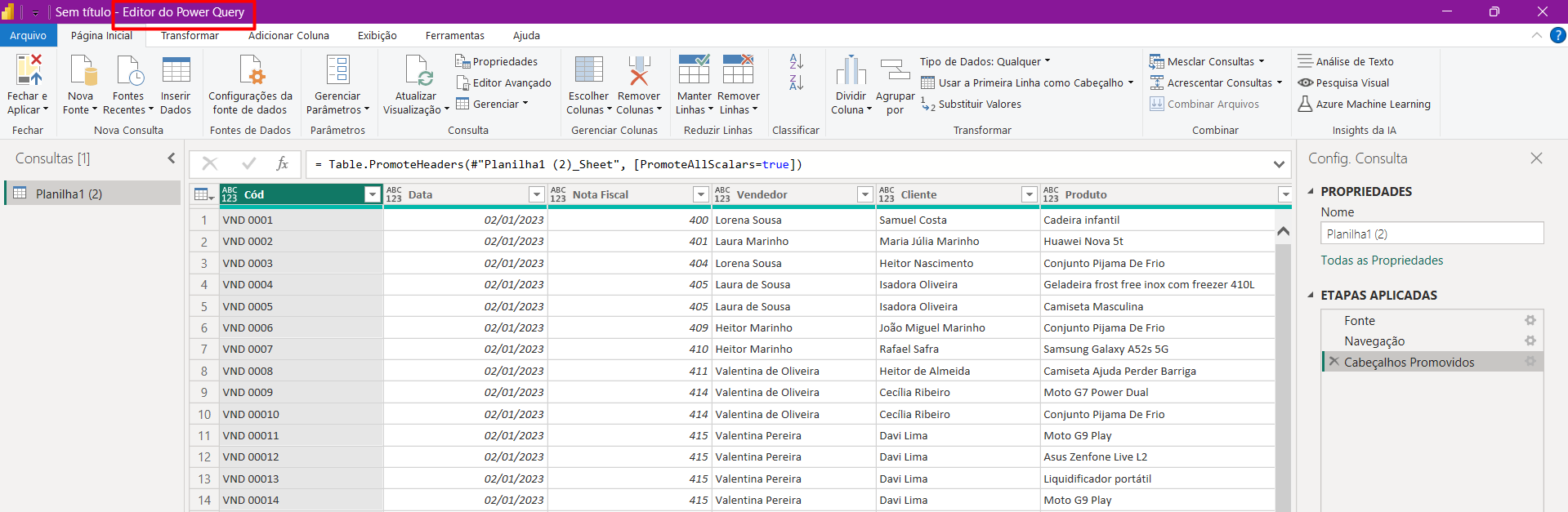 Base de Dados Carregada no Power Query