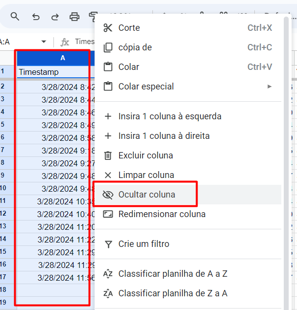 Ocultando a Coluna de Data do Formulário Google Forms no Google Sheets