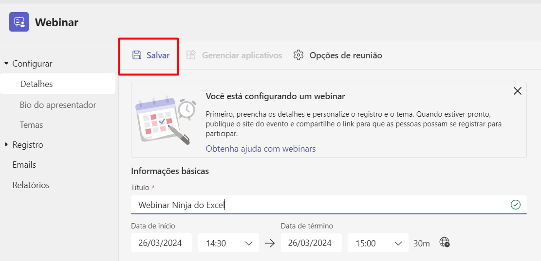 Salvando Webinar no Teams