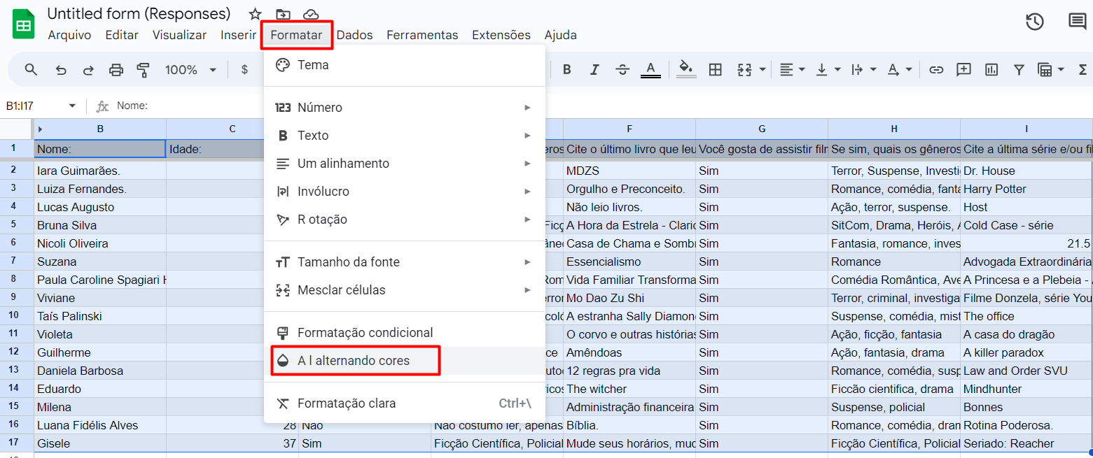 Formatando a Base de Dados do Formulário Google Forms no Google Sheets