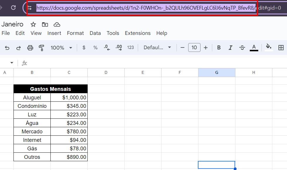 Copiando o Link da Barra de Pesquisa no Google Sheets