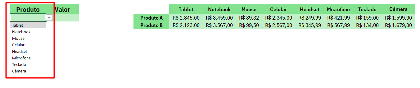 Lista Suspensa de Produtos no Excel