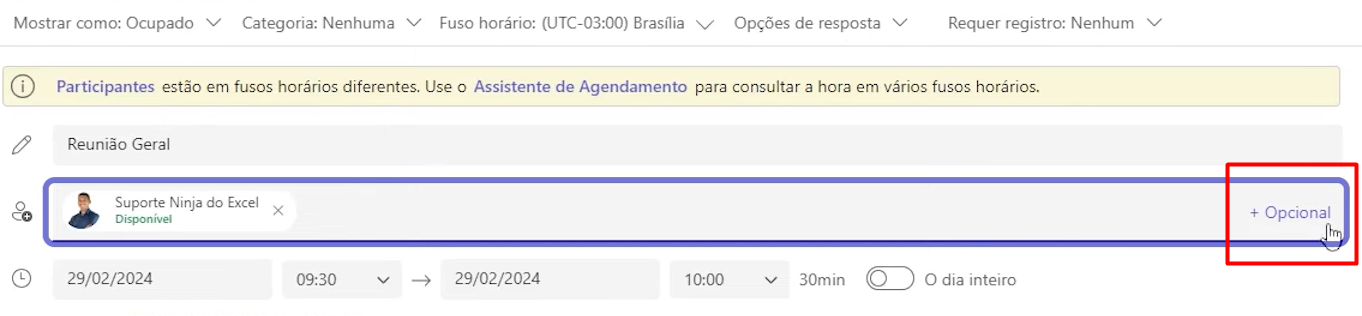 Adicionando Participantes Opcionais da Reunião