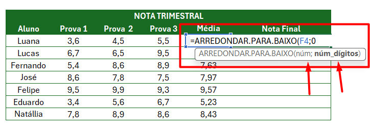 Uso da Função Arredondar para Baixo no Excel