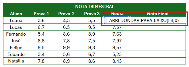 Aplicação da Função Arredondar Para Baixo no Excel