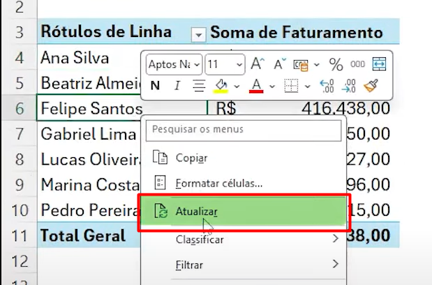 Atualizando Informações na Tabela Dinâmica no Excel