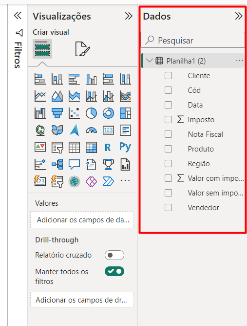 Menu de Dados do Power BI