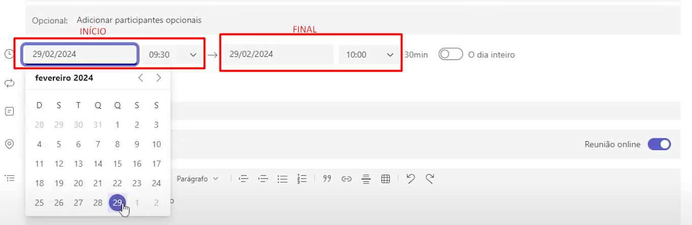 Definição de Data e Horário da Reunião do Teams