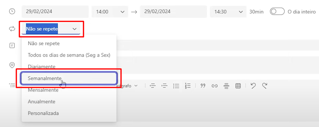 Periodicidade da Reunião no Teams