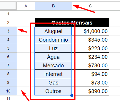 Identificando Linhas e Colunas na Planilha do Google Sheets