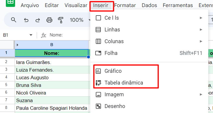 Opções de Tabela Dinâmica e Gráfico no Google Sheets