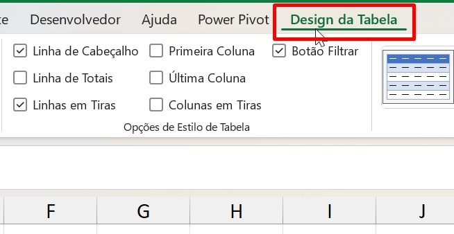 Alterar o Nome da Tabela no Excel, design da tabela