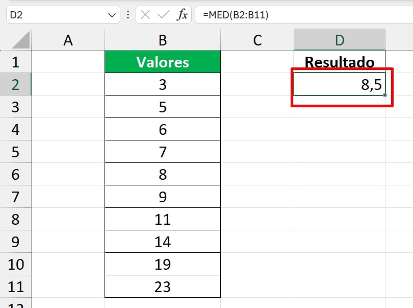 Calcular Mediana no Excel, resultado função med
