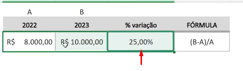 Calcular Porcentagem no Excel Online, resultado variação