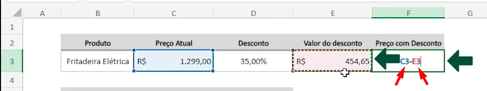 Calcular Porcentagem no Excel Online, subtração