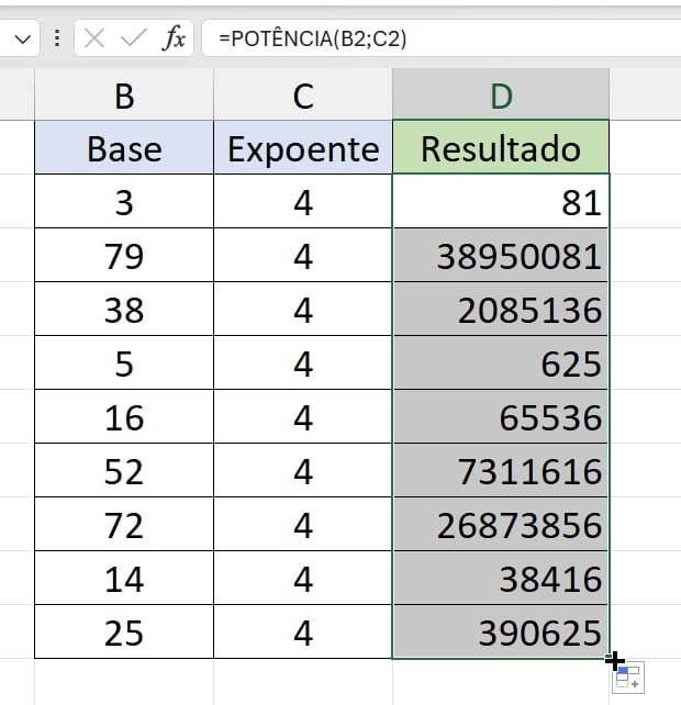 Calcular Potenciação no Excel, resultado função potência