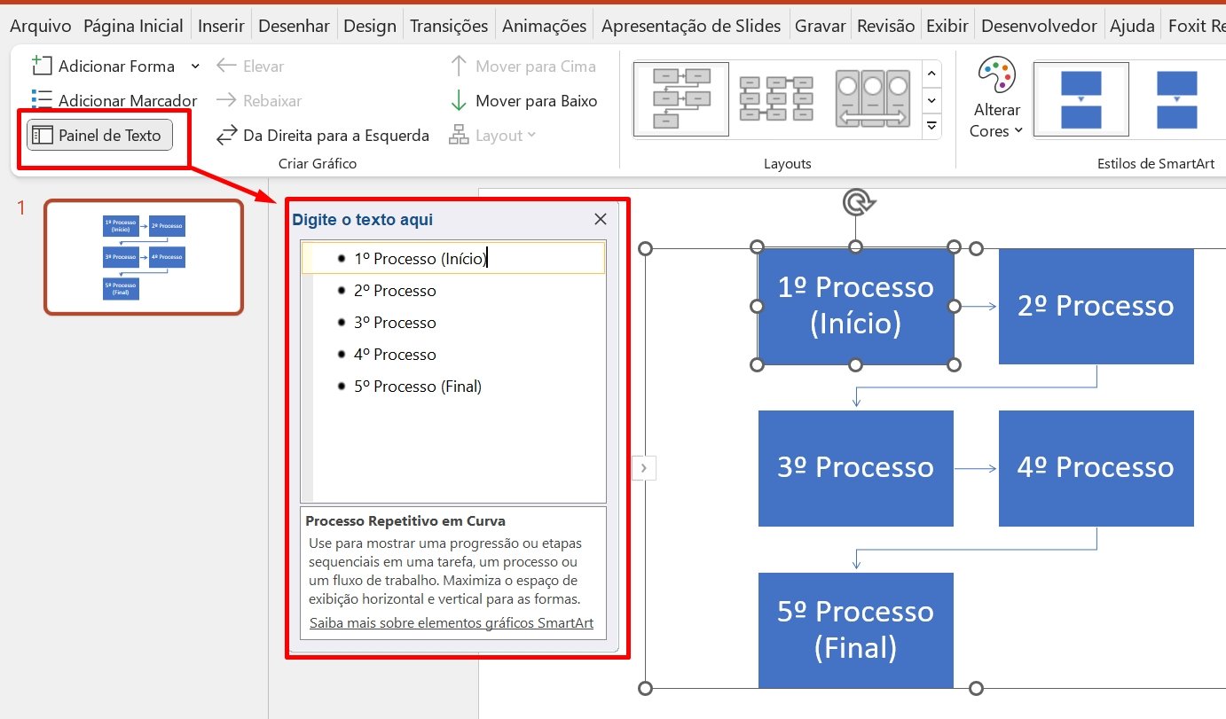 Painel de Texto, informando cada processo