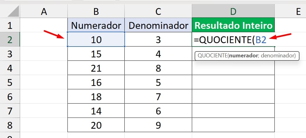 Função QUOCIENTE no Excel, numerador
