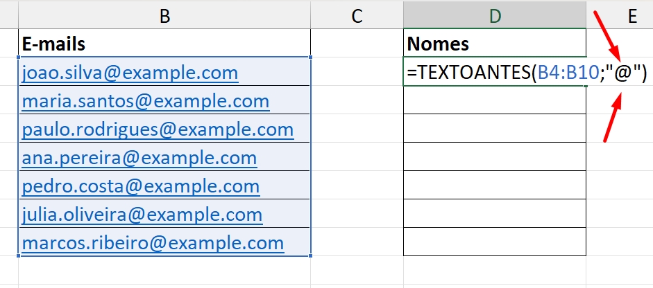 Separar nomes de e-mails no Excel, delimitador
