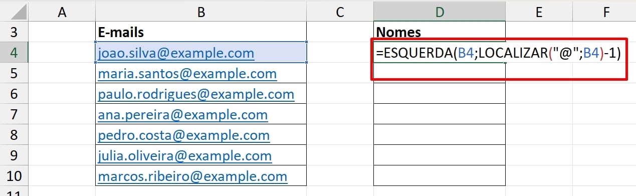 Separar nomes de e-mails no Excel, função esquerda