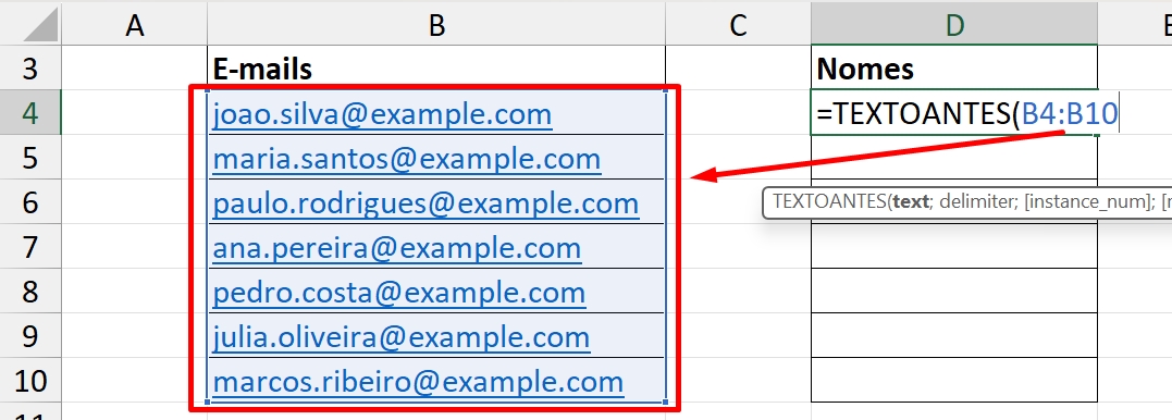 Separar nomes de e-mails no Excel, intervalo