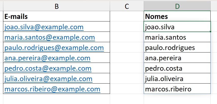 Separar nomes de e-mails no Excel, resultado
