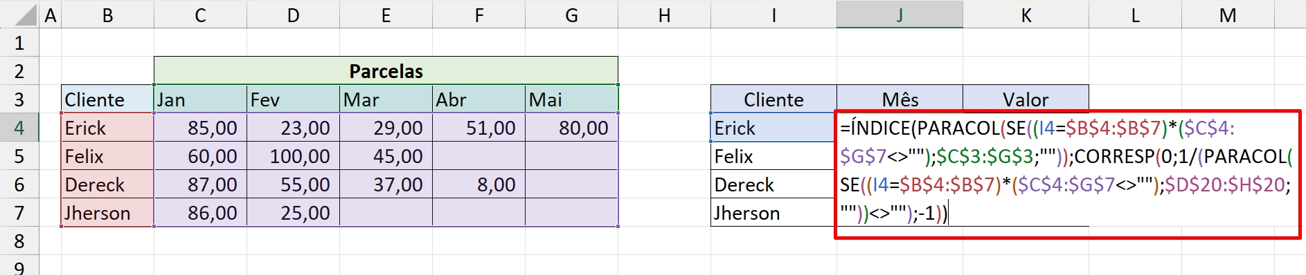 Saber a Última Parcela Paga por Cliente no Excel, fórmula do mês