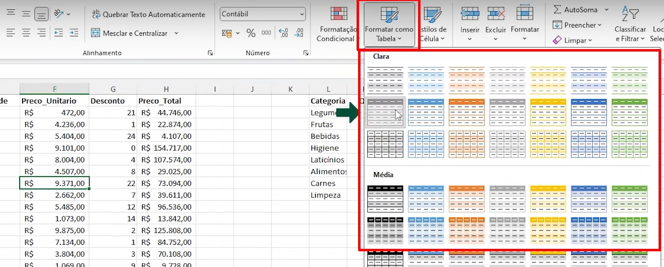 Selecionar uma COLUNA INTEIRA no Excel, formatar como tabela