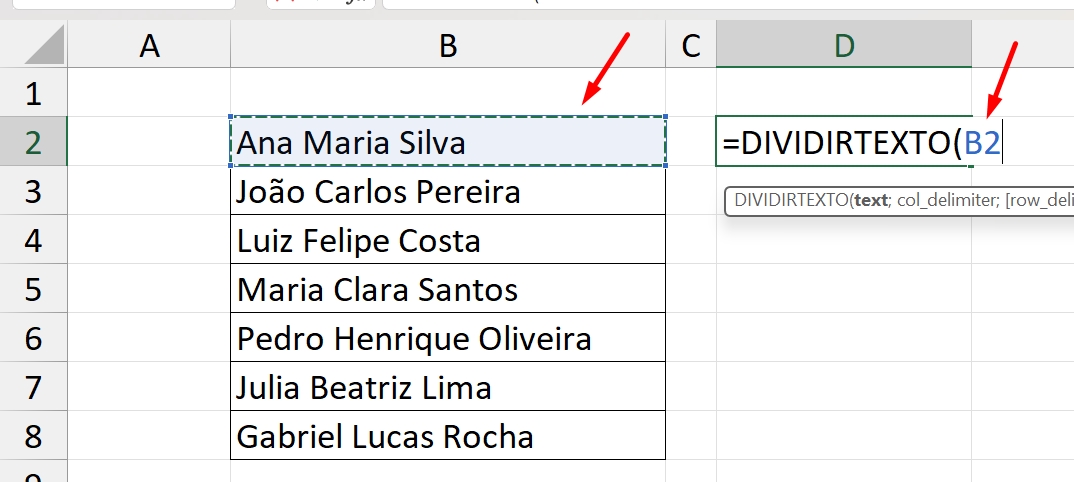 Separar Nomes no Excel, indicar célula