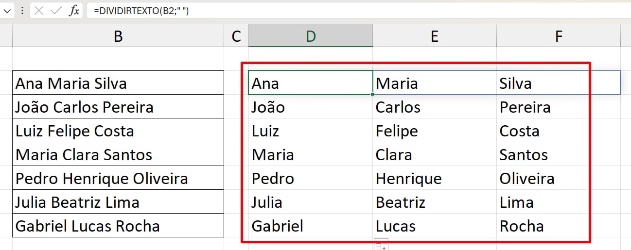 Separar Nomes no Excel, resutaldo dividirtexto
