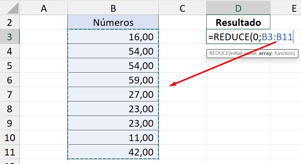 Somar com a Função REDUCE no Excel 365, intervalo