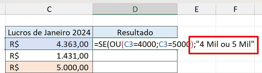 Usar Função SE com OU no Excel, primeiro resultado