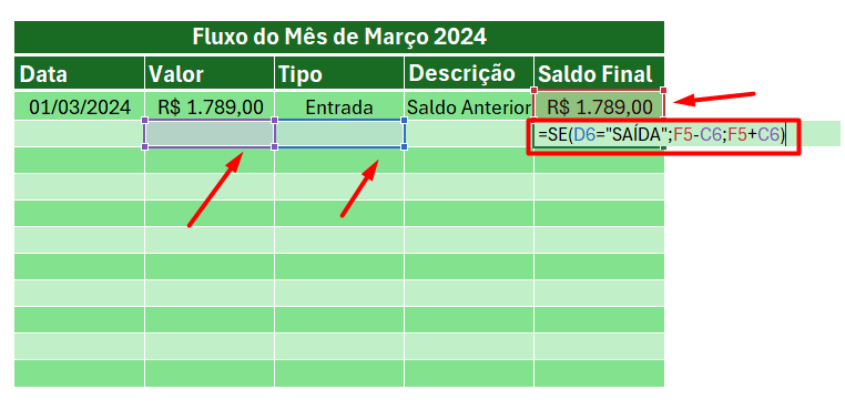 Aplicação da Função SE no Livro Caixa do Excel