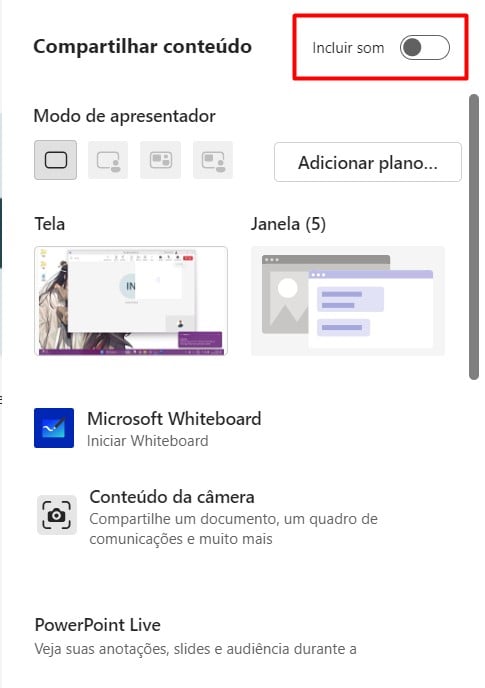 Menu de Compartilhamento no Teams