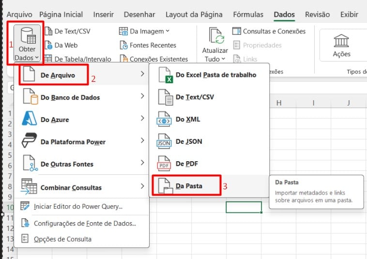 Escolhendo a origem do arquivo para obtenção dos nomes das pastas no Excel.