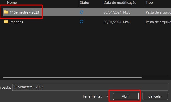 Escolhendo a pasta 1º Semestre no Excel.