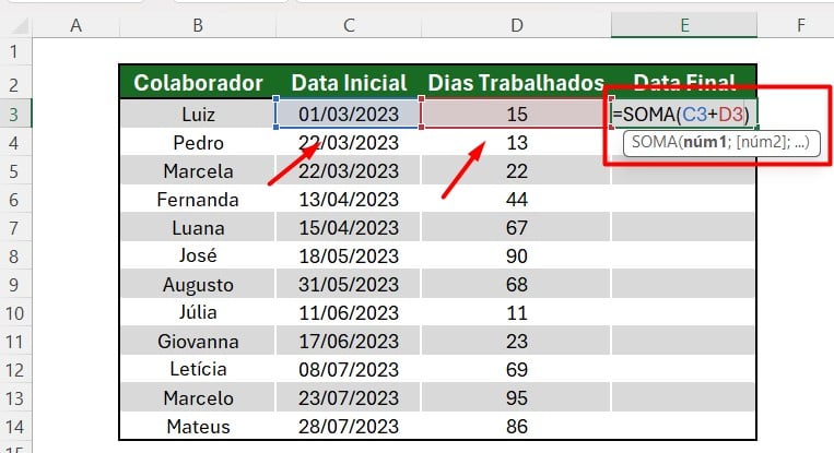 Fórmula =SOMA na tabela do Excel